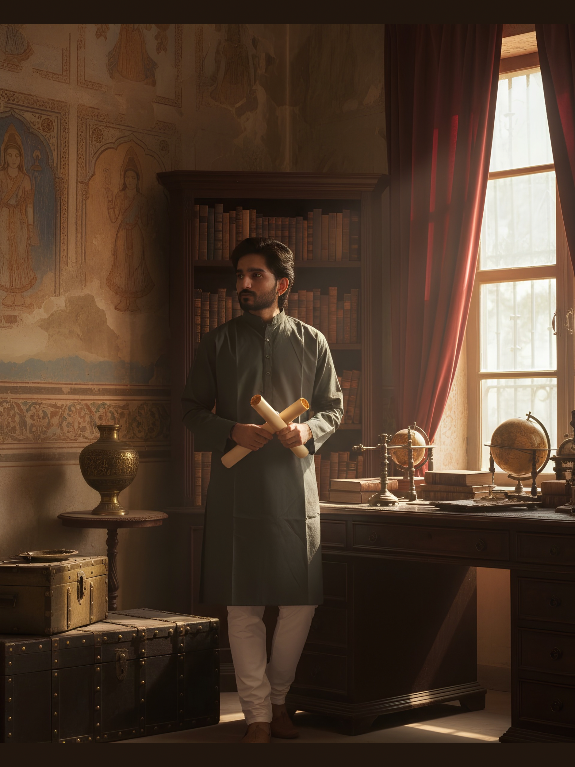 A man in a sage green kurta and white trousers stands in a sunlit study holding rolled parchment papers. The room features a dark wood desk with globes, a bookshelf, and warm red curtains by a window.